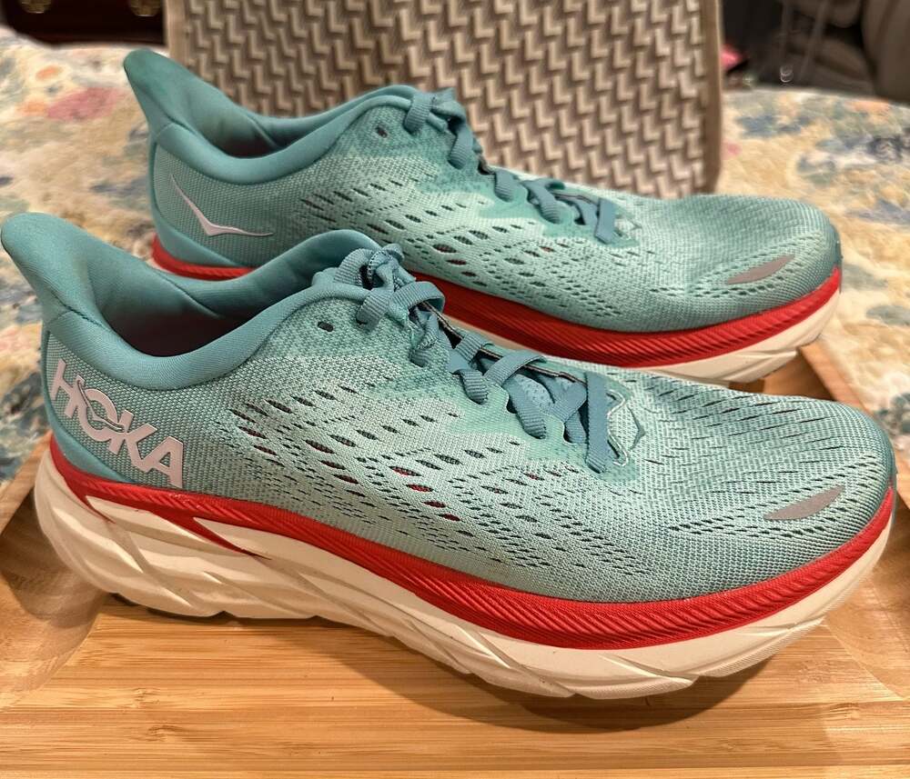 Hoka Women's Clifton 8 Running Shoes in Aquarelle/Eggshell Blue